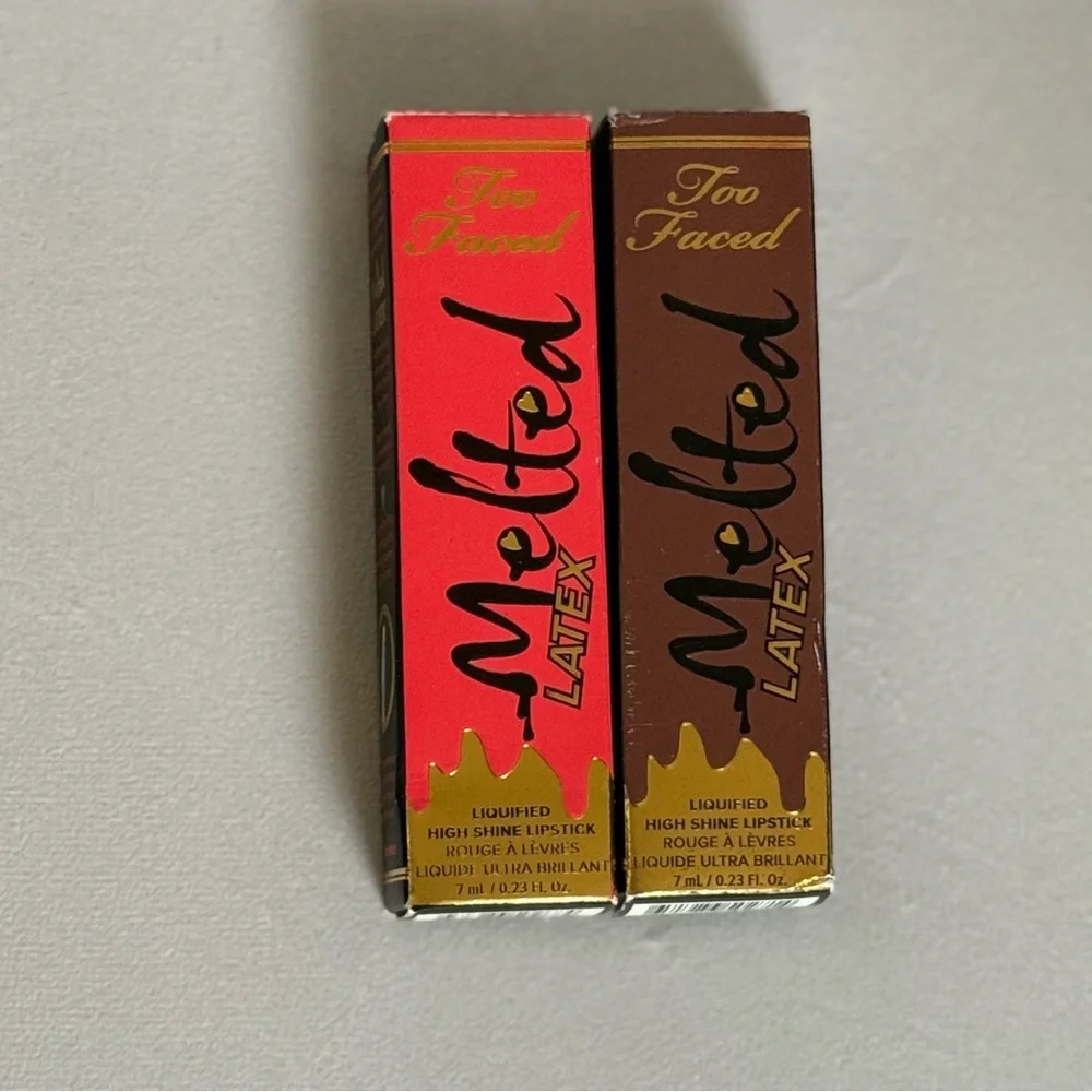 2Pc Too Faced Melted Latex Lipstick Pair Rated R Red and Strange Love Chocolate